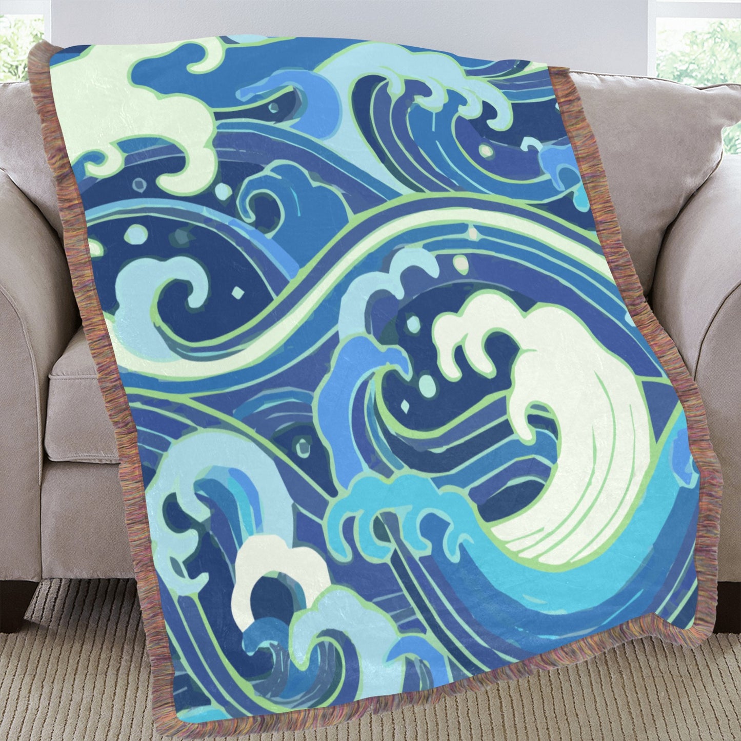 Ultra-Soft Mixed Green Fringe Blanket 60"x80" - Japanese Stylized Wave