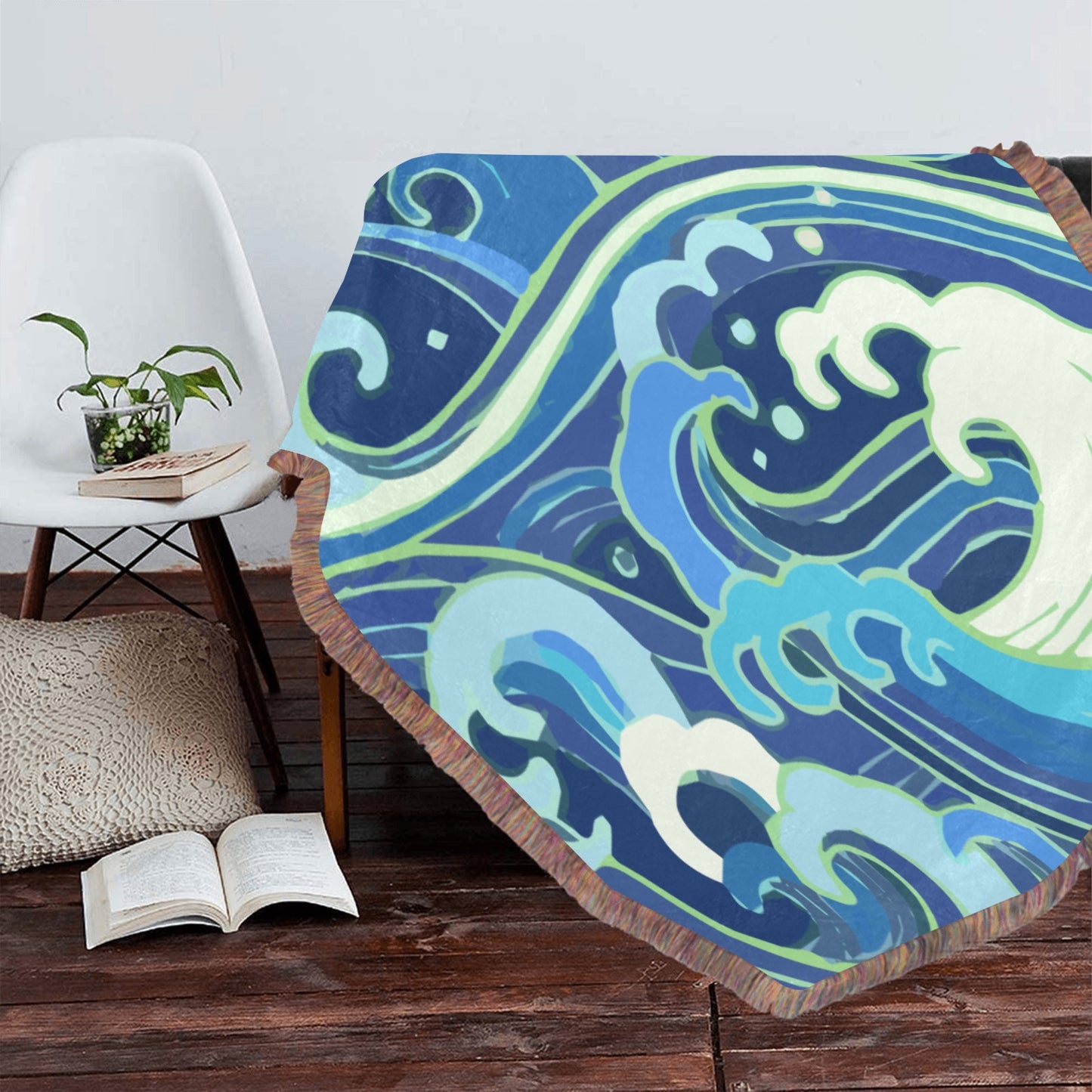 Ultra-Soft Mixed Green Fringe Blanket 60"x80" - Japanese Stylized Wave